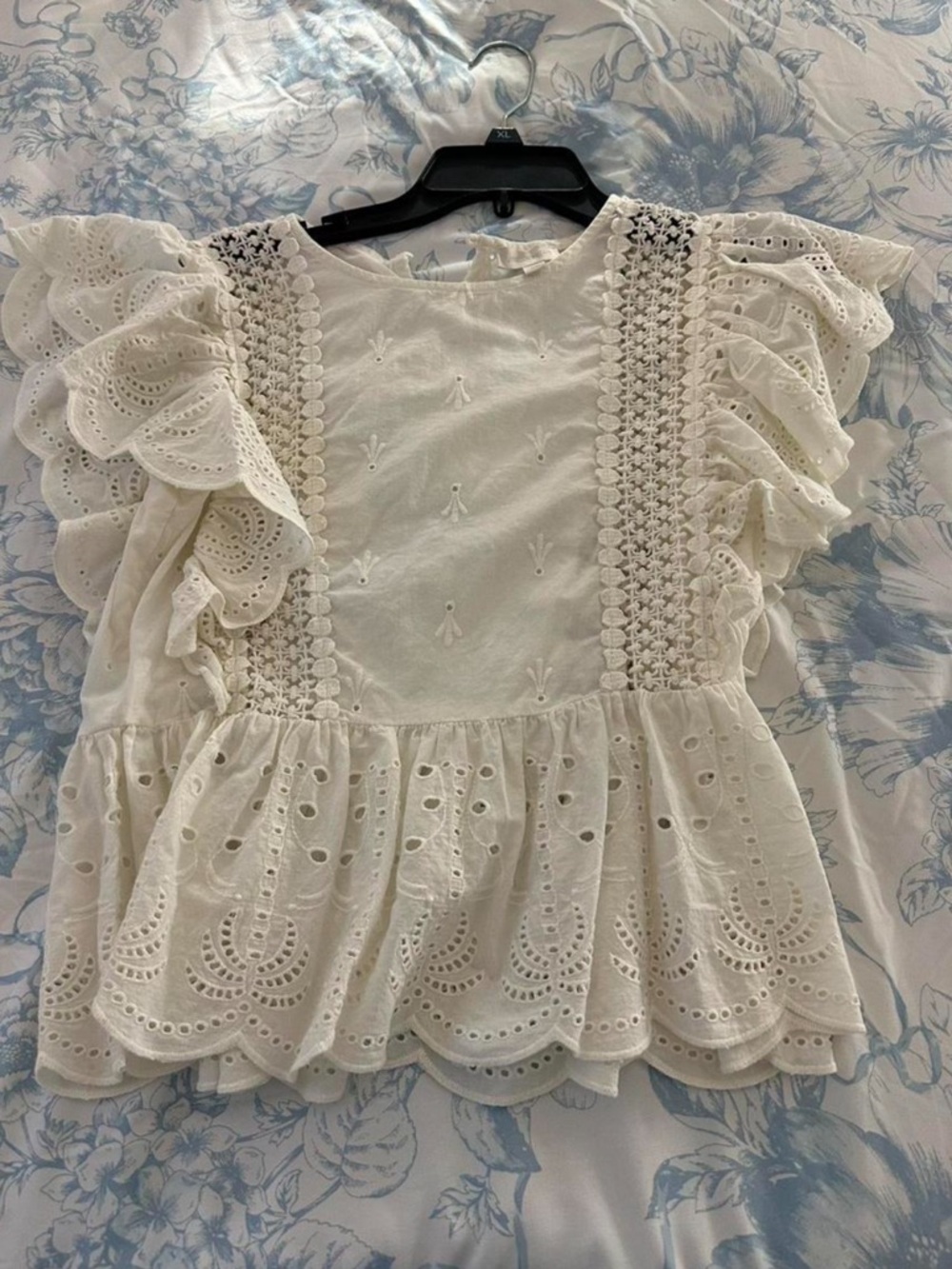 White Eyelet Crochet Sleeve Peplum Top